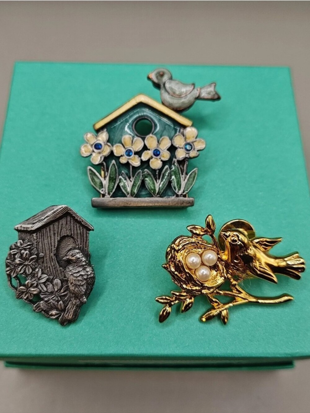 Vintage 2 Bird House Brooches 1 Bird Nest Lapel Hat Pin Birds & Bloom 90s TC